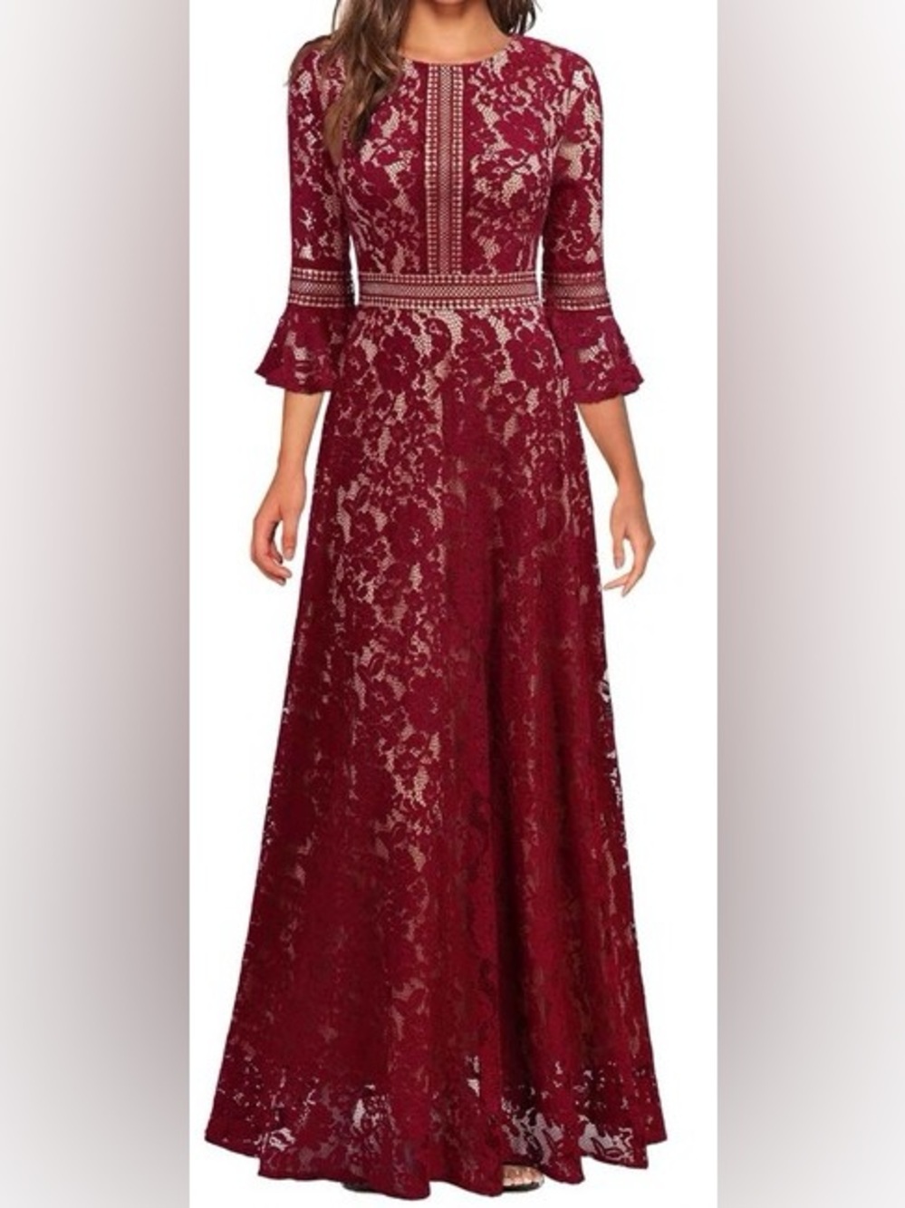 Miss may Burgundy Lace Maxi Dress with Nude Lining